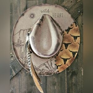 NWT Beige Wild heart desert scape burned Fedora cowboy hat
